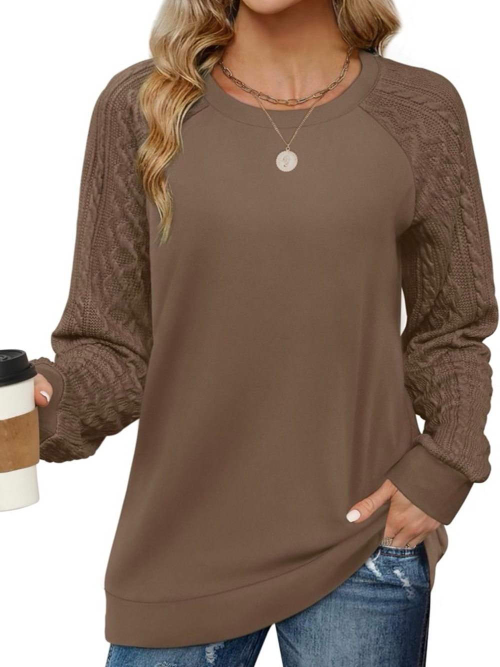 Amazon Women's Cable-Knit Raglan Crew Sweater - Brown
